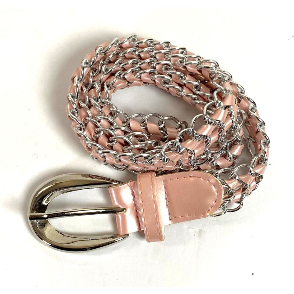 Vintage 80s Pink Gloss Leather Chain Metal Belt Womens Size M/L Braided Retro
